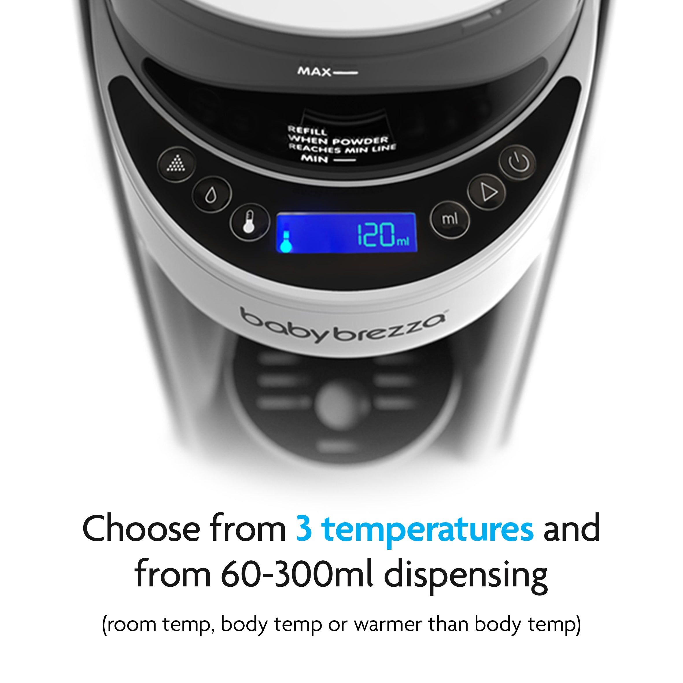 Close-up of the BUNDLE: Formula Pro Advanced + Extra Funnel & Cover Set displays a digital screen set to 120ml, highlighting precise mixing, three temperature choices, and adjustable dispensing from 60-300ml. - product thumbnail