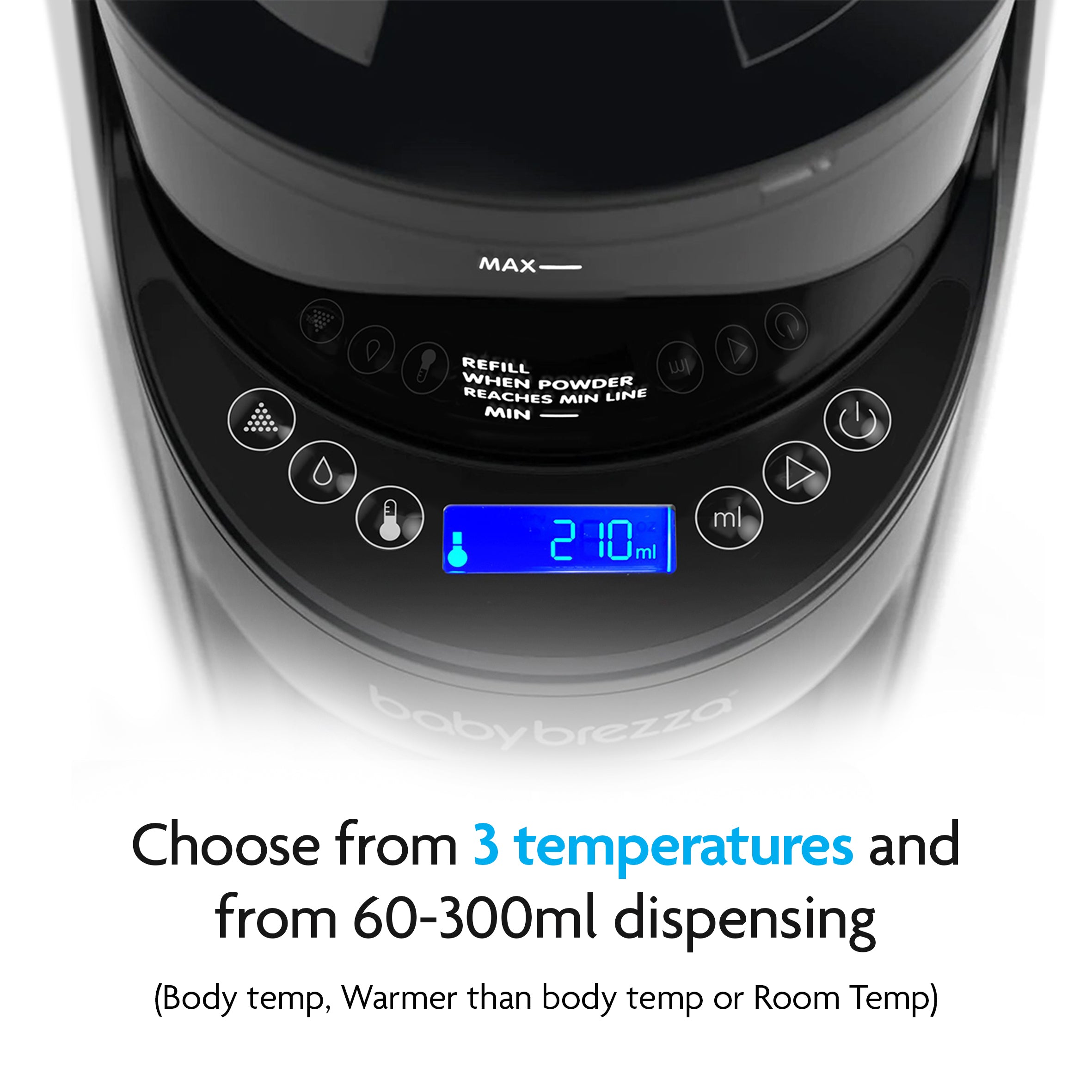 Close-up of the BUNDLE: Formula Pro Advanced + Extra Funnel & Cover Set showing controls, digital display at 210 ml, and text highlighting temperature options and precise dispensing from 60-300 ml with advanced mixing technology. - product thumbnail