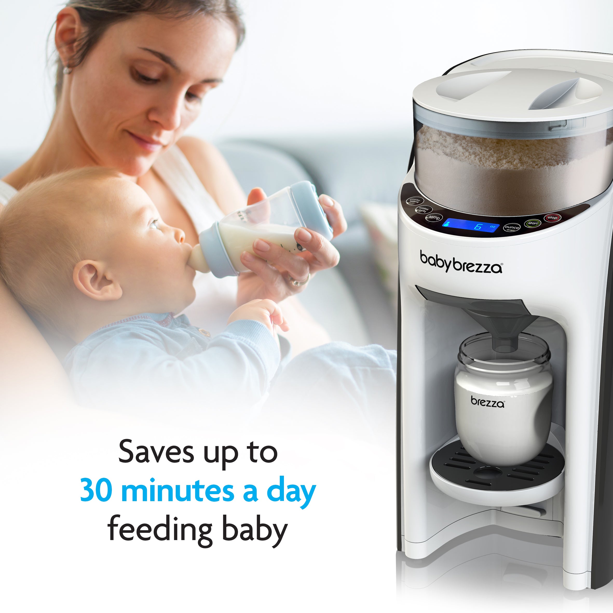 A mom feeds her baby with a bottle on the couch beside the Baby Brezza UK ALWAYS READY BUNDLE: Formula Pro Advanced + Superfast Portable Warmer, ready with a filled bottle. Text: Saves up to 30 minutes a day feeding baby. - product thumbnail