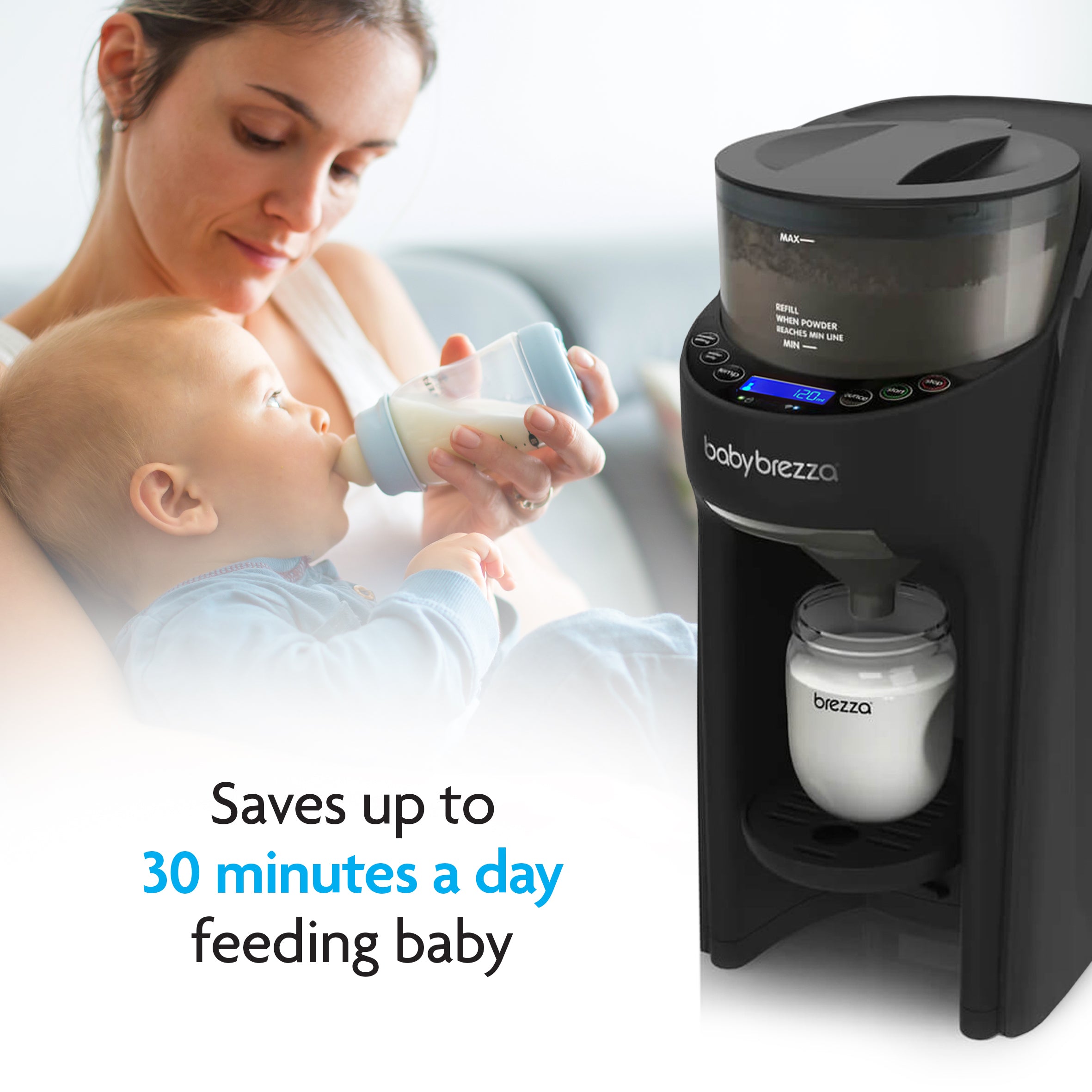 A woman feeds her baby with a bottle beside the BUNDLE: Formula Pro Advanced + Extra Funnel & Cover Set, which uses advanced mixing tech to prep milk. Text: Save up to 30 minutes a day feeding baby. - product thumbnail