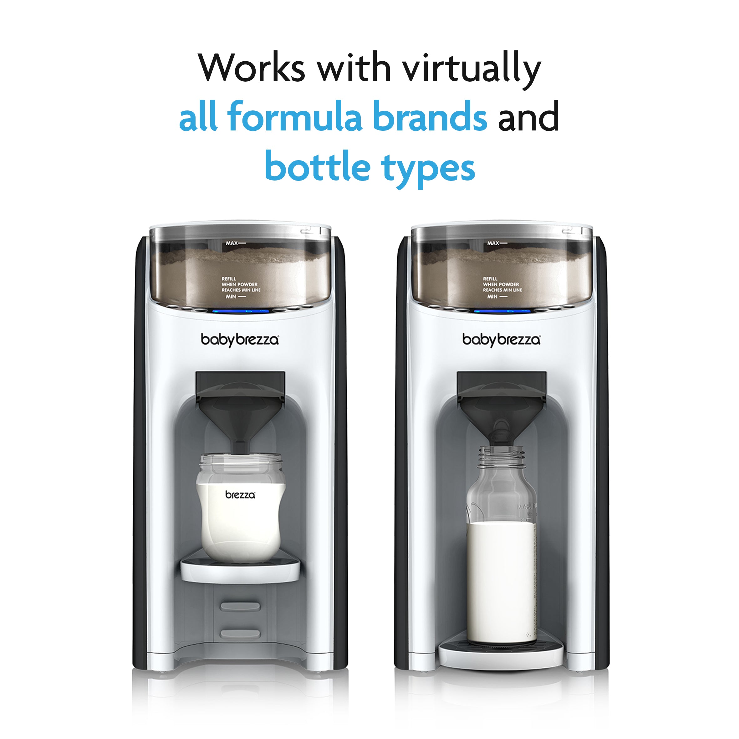 Two BUNDLE: Formula Pro Advanced + Extra Funnel & Cover Set machines with jars below—one with formula powder, one with a baby bottle. Text above: Works with virtually all formula brands and bottles thanks to universal compatibility. - product thumbnail