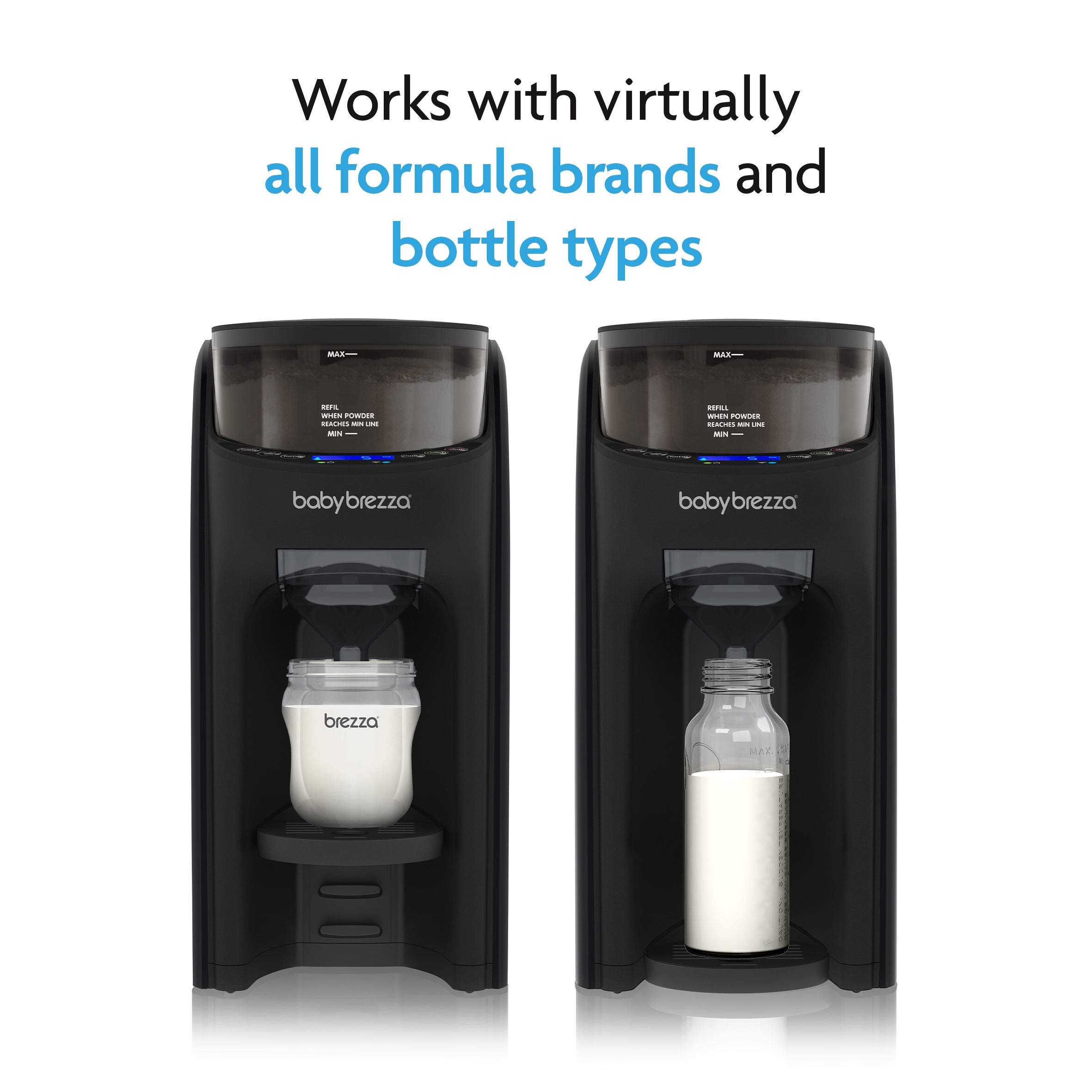 Two black Baby Brezza UK BUNDLE: Formula Pro Advanced dispensers with extra funnel & cover set use precise mixing for various bottles. Text above: Works with virtually all formula brands and bottle types. - product thumbnail