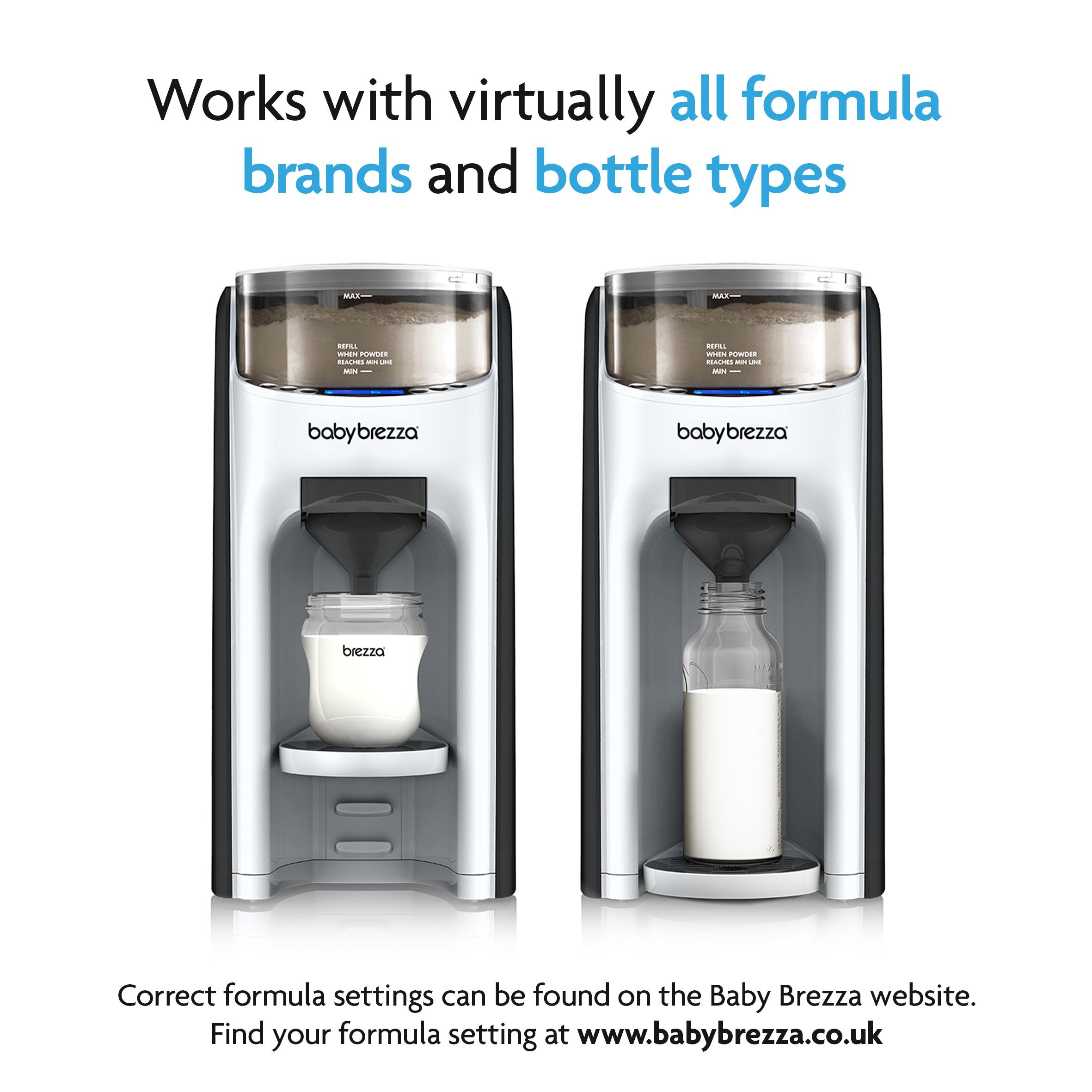Two Baby Brezza UK BUNDLE: Formula Pro Advanced + Extra Funnel & Cover Set dispensers with short and tall bottles underneath. Text above: Universally compatible with most formula brands & bottle types. Website shown at the bottom. - product thumbnail