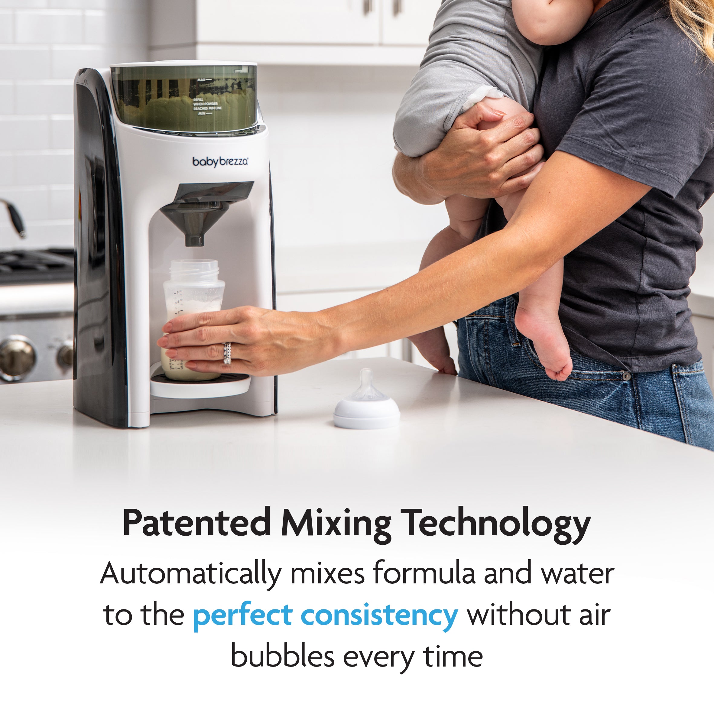 A parent holds a baby and prepares a bottle with the Baby Brezza UK ALWAYS READY BUNDLE: Formula Pro Advanced + Superfast Portable Warmer, featuring patented mixing for smooth formula and the convenience of an ultra-fast bottle warmer. - product thumbnail