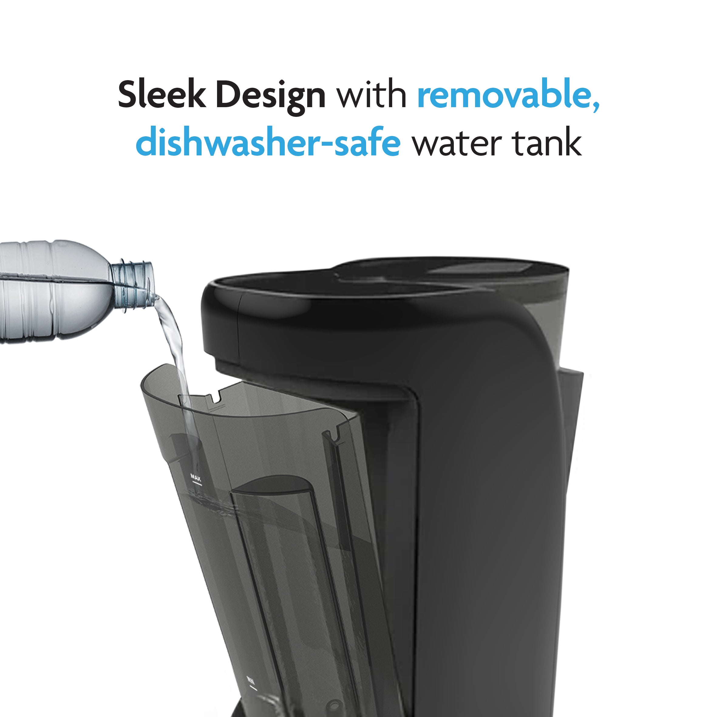 A plastic water bottle fills the removable tank of the Baby Brezza UK BUNDLE: Formula Pro Advanced + Extra Funnel & Cover Set. Text: Sleek design, precise mixing, and a dishwasher-safe, removable water tank. - product thumbnail