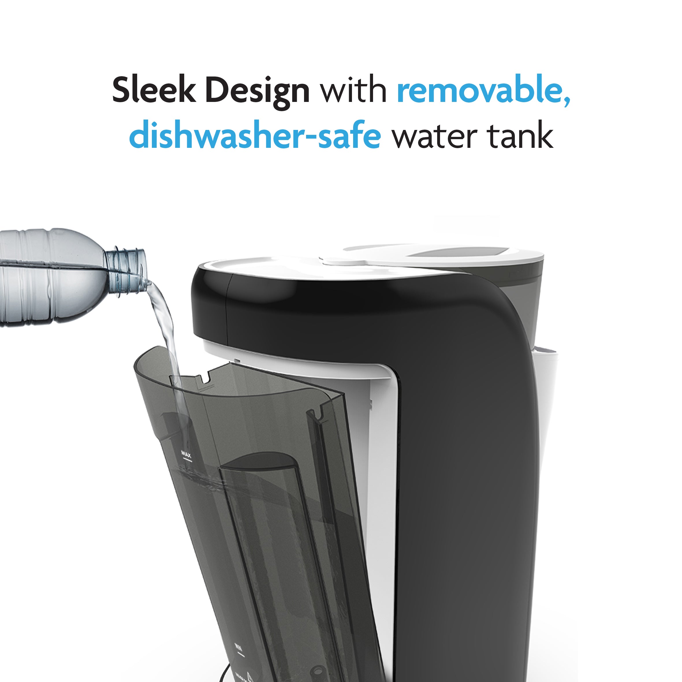 A hand pours water into the removable tank of the Baby Brezza UK ALWAYS READY BUNDLE: Formula Pro Advanced + Superfast Portable Warmer, with "Sleek Design with removable, dishwasher-safe water tank" above. - product thumbnail