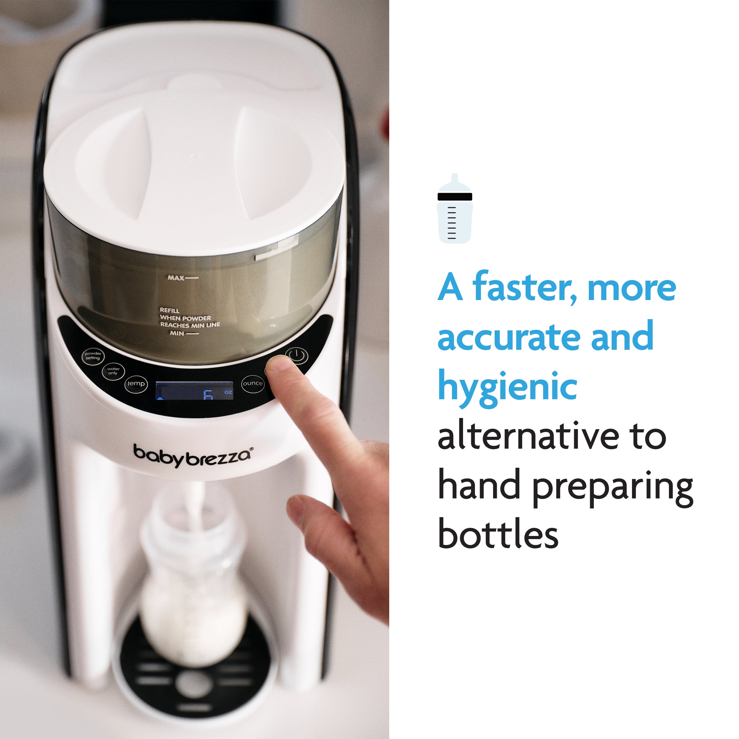 A hand presses the Baby Brezza UK ALWAYS READY BUNDLE’s Formula Pro Advanced, quickly and hygienically dispensing formula into a bottle—showcasing its speed and accuracy versus hand-preparing bottles. - product thumbnail
