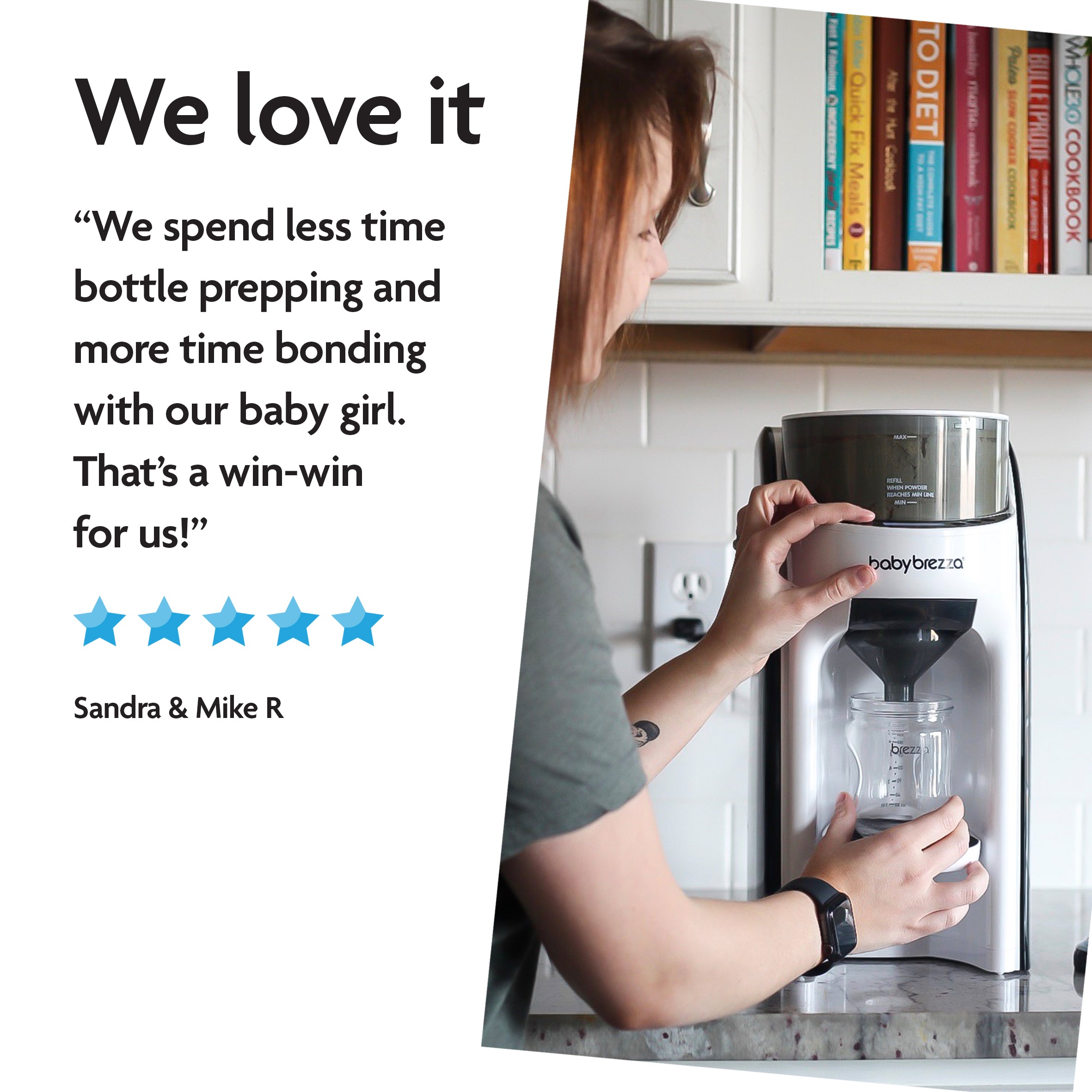 A woman prepares a baby bottle in the kitchen using the Baby Brezza UK BUNDLE: Formula Pro Advanced + Extra Funnel & Cover Set. Beside her, a glowing review from Sandra & Mike R. and five blue stars highlight customer satisfaction. - product thumbnail