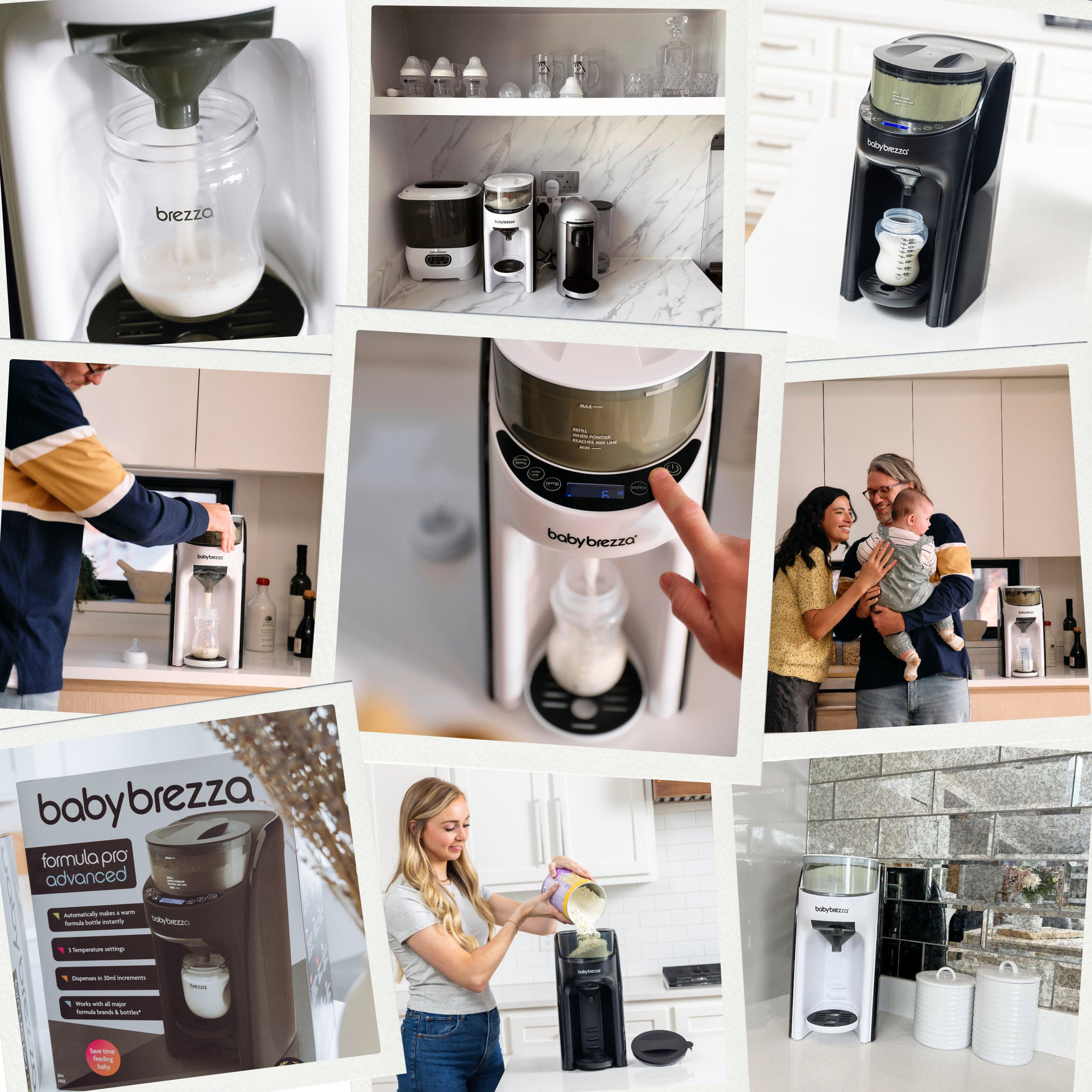 A collage of people using the Baby Brezza UK BUNDLE: Formula Pro Advanced + Extra Funnel & Cover Set to instantly prepare baby formula in kitchens, with close-ups of the dispenser and joyful families holding their babies. - product thumbnail