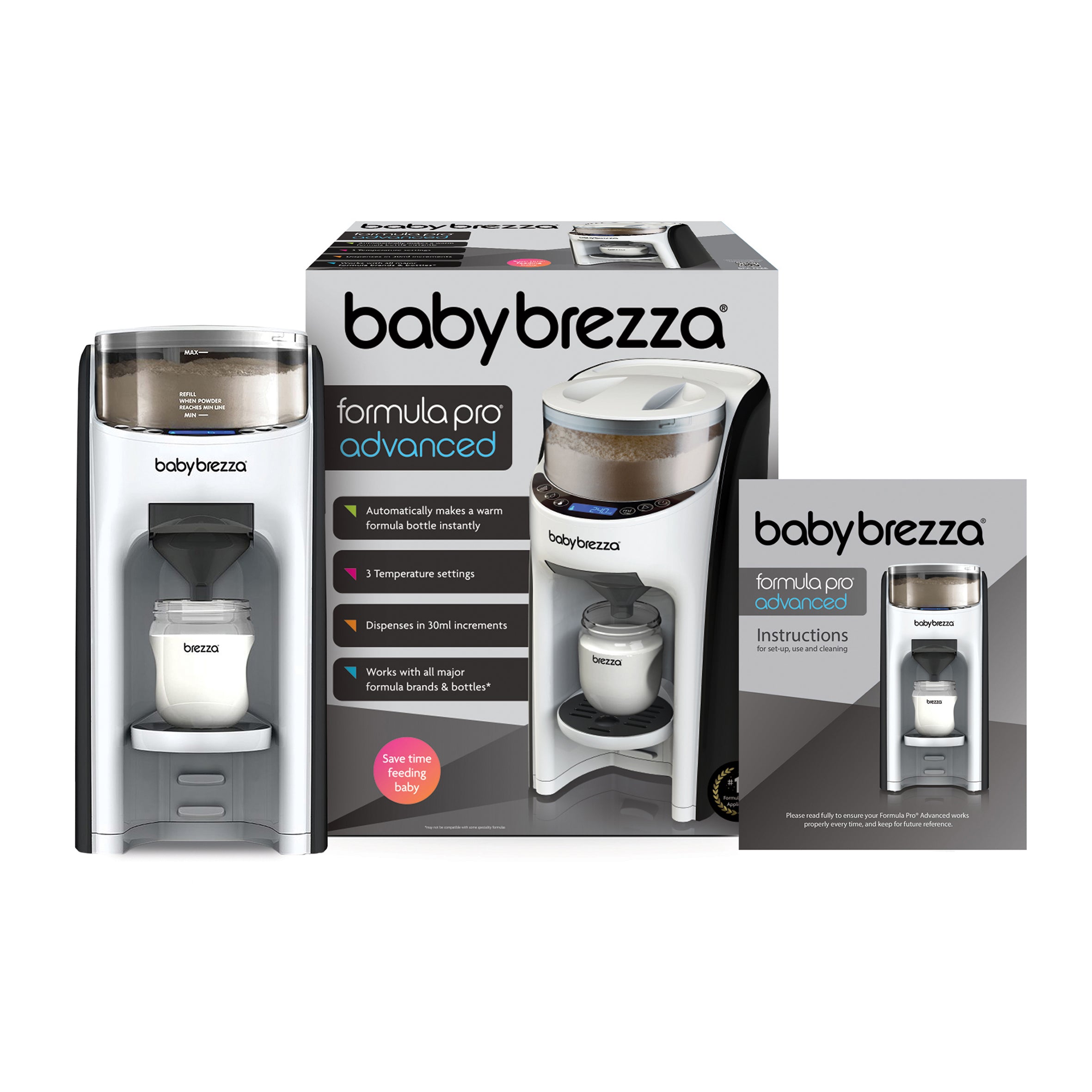 The Baby Brezza UK MINI ME BUNDLE: Formula Pro Advanced + Formula Pro Mini is shown with its box and manual. This automatic formula maker dispenses formula into bottles and features user-friendly front buttons for easy settings. - product thumbnail