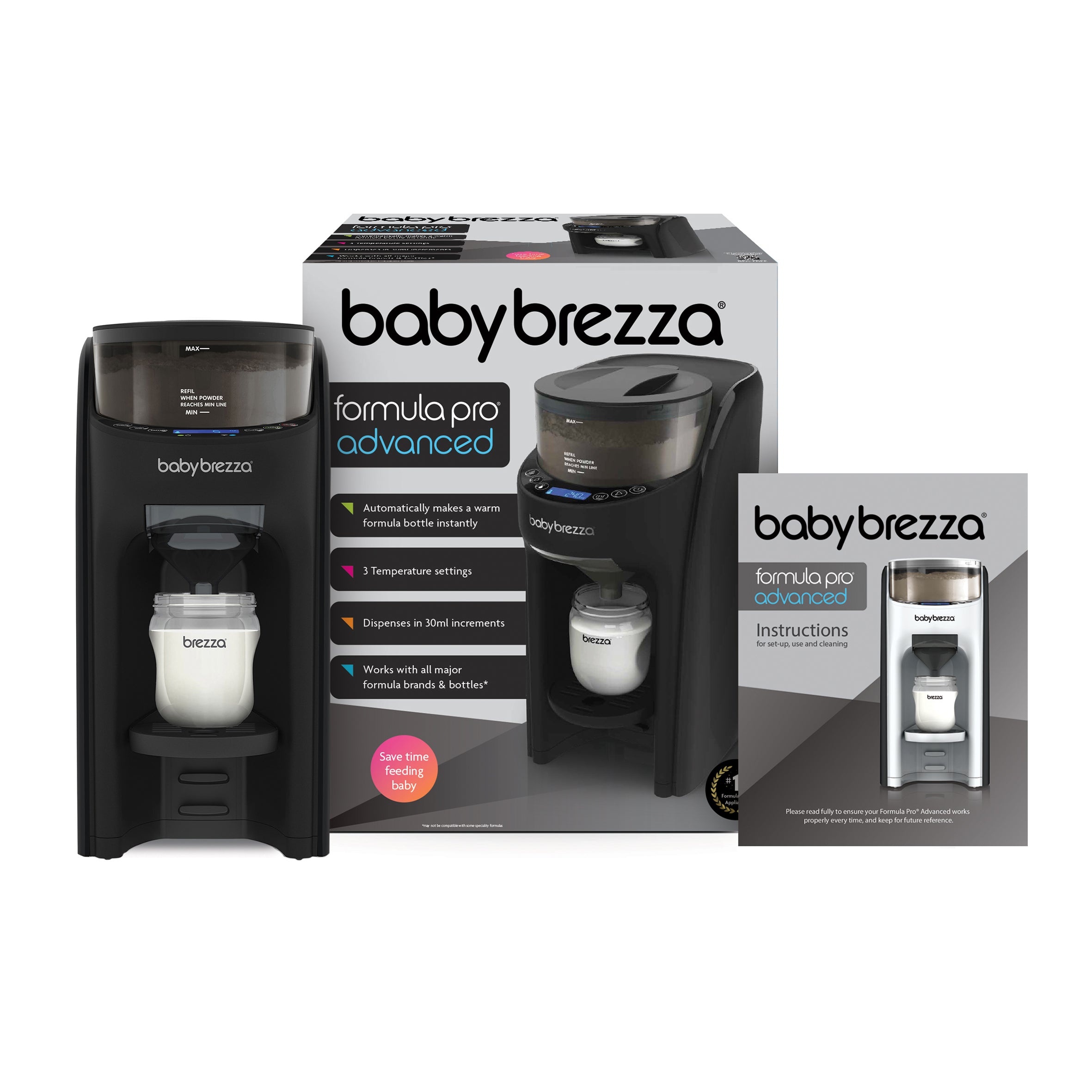 Baby Brezza UK BUNDLE: Formula Pro Advanced + Extra Funnel & Cover Set shown with filled baby bottle, product box, and manual on a white background—delivering precise, effortless formula mixing for easy feedings. - product thumbnail