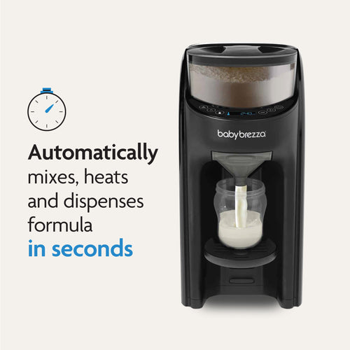 The Baby Brezza UK BUNDLE Formula Pro Advanced and SuperQuick Steriliser in all black automatically mixes, heats, and dispenses formula into a baby bottle in seconds. A clock icon appears next to the text. - product thumbnail