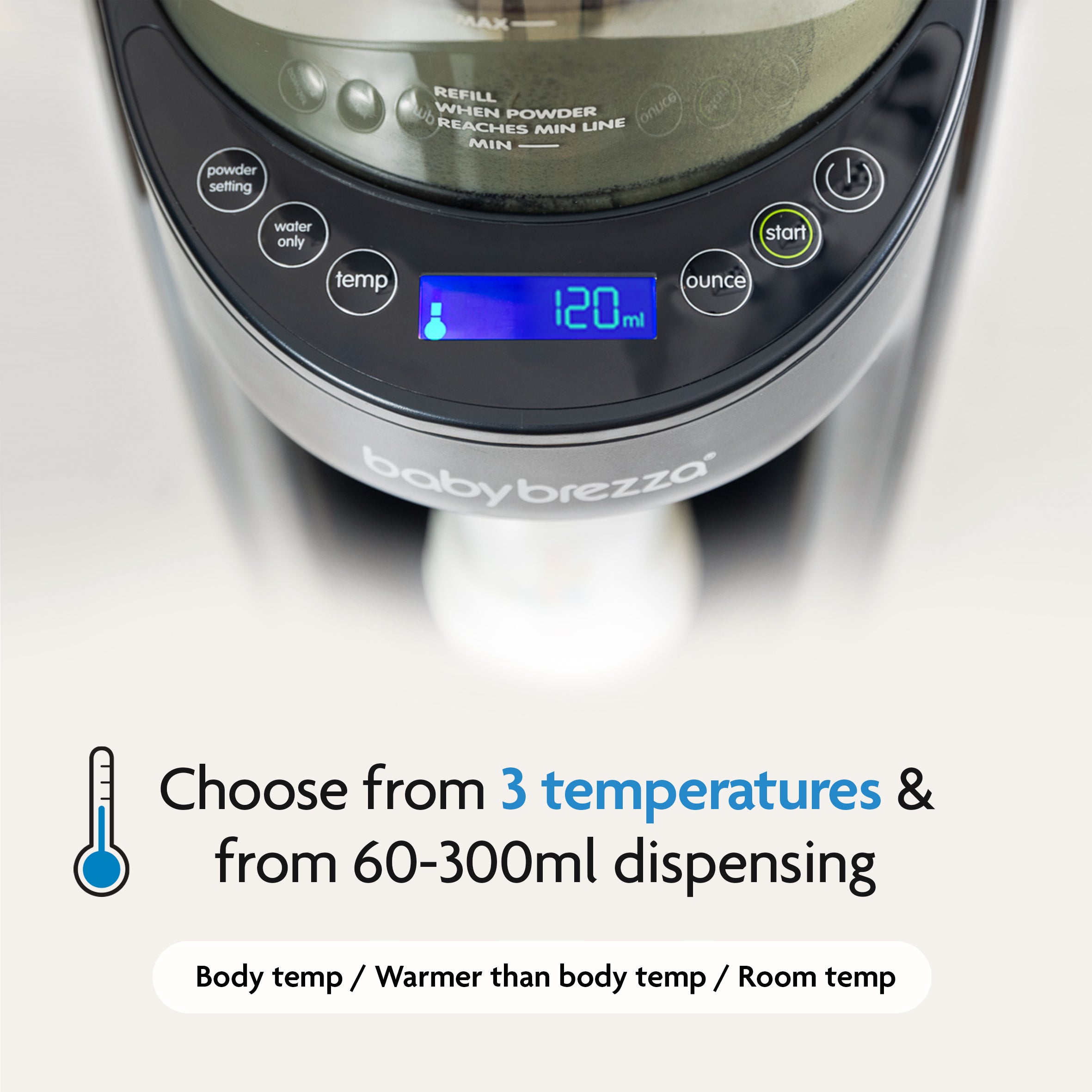 Close-up of the Baby Brezza UK BUNDLE Formula Pro Advanced And SuperQuick Steriliser - All Black showing 120ml on its screen, with temperature and ounce buttons. Text below notes 3 temp options and auto dispensing from 60-300ml. - product thumbnail
