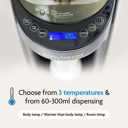 Close-up of the Baby Brezza UK BUNDLE Formula Pro Advanced And SuperQuick Steriliser - All Black showing 120ml on its screen, with temperature and ounce buttons. Text below notes 3 temp options and auto dispensing from 60-300ml. - product thumbnail