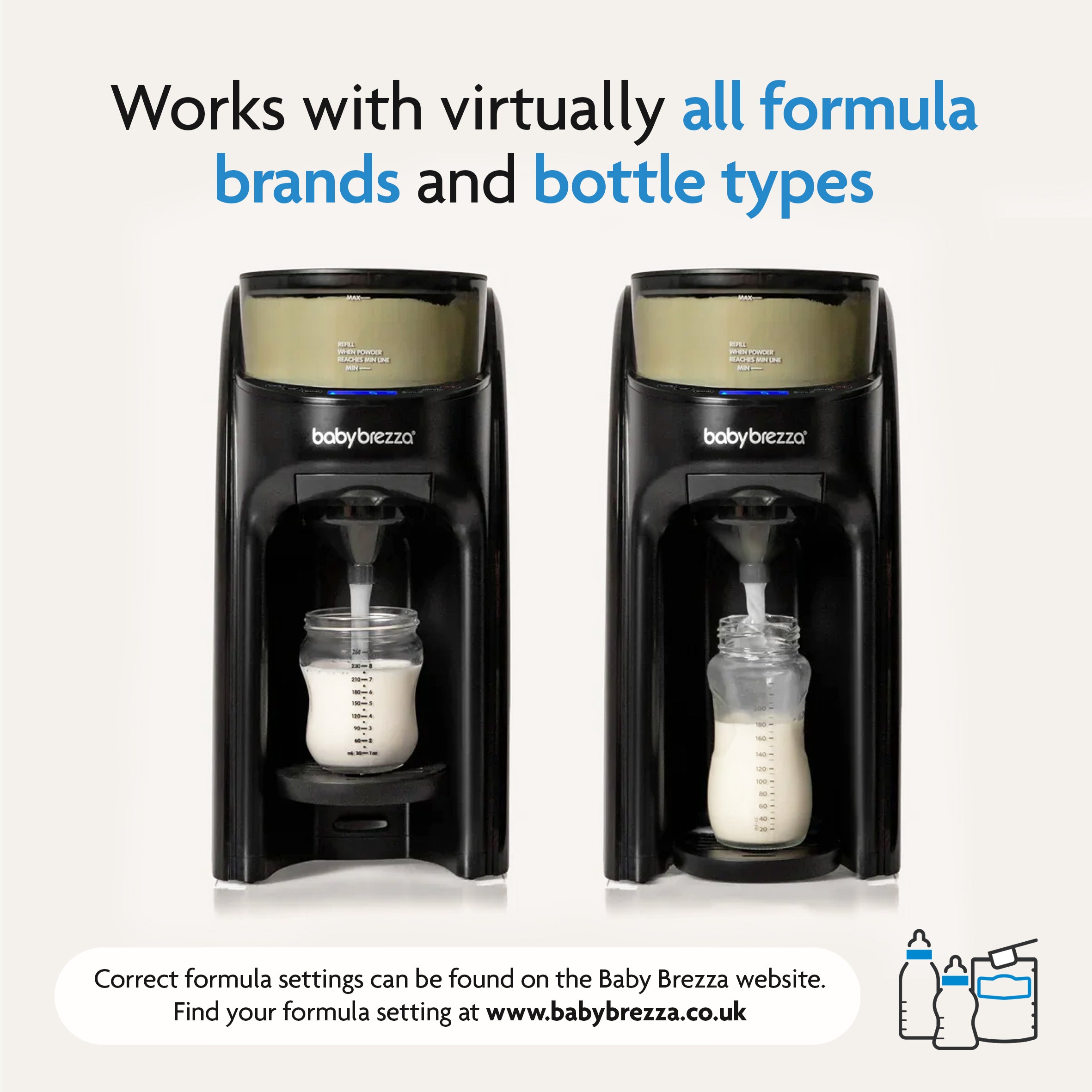 The image shows the Baby Brezza UK BUNDLE: Formula Pro Advanced and SuperQuick Steriliser (All Black) dispensing bottles compatible with various formula brands and bottle types. Text and website info are also shown. - product thumbnail