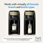 The image shows the Baby Brezza UK BUNDLE: Formula Pro Advanced and SuperQuick Steriliser (All Black) dispensing bottles compatible with various formula brands and bottle types. Text and website info are also shown. - product thumbnail