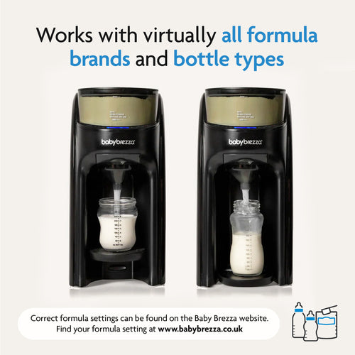 The image shows the Baby Brezza UK BUNDLE: Formula Pro Advanced and SuperQuick Steriliser (All Black) dispensing bottles compatible with various formula brands and bottle types. Text and website info are also shown. - product thumbnail