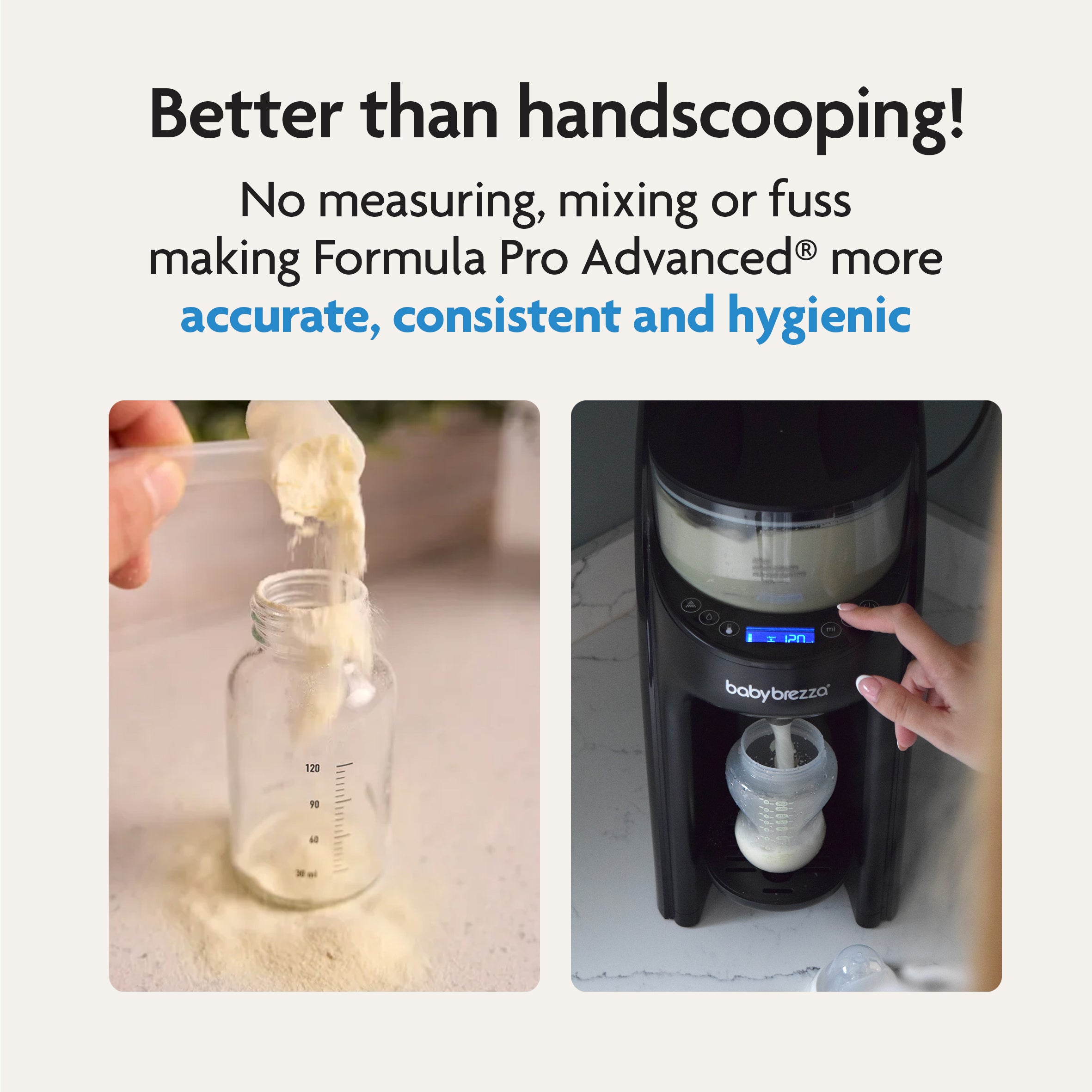 A hand pours formula powder into a bottle as a finger presses the Baby Brezza UK BUNDLE Formula Pro Advanced And SuperQuick Steriliser in All Black, neatly dispensing formula while text highlights its convenient benefits. - product thumbnail