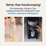 A hand pours formula powder into a bottle as a finger presses the Baby Brezza UK BUNDLE Formula Pro Advanced And SuperQuick Steriliser in All Black, neatly dispensing formula while text highlights its convenient benefits. - product thumbnail