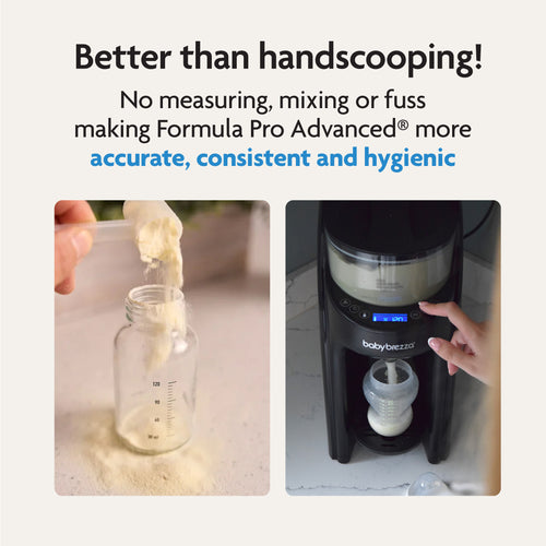A hand pours formula powder into a bottle as a finger presses the Baby Brezza UK BUNDLE Formula Pro Advanced And SuperQuick Steriliser in All Black, neatly dispensing formula while text highlights its convenient benefits. - product thumbnail