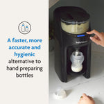 A parent uses the Baby Brezza UK BUNDLE Formula Pro Advanced And SuperQuick Steriliser - All Black to prepare a baby bottle, while text highlights it as a faster, more precise, and hygienic choice compared to manual preparation. - product thumbnail
