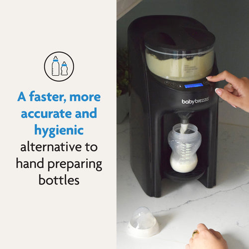 A parent uses the Baby Brezza UK BUNDLE Formula Pro Advanced And SuperQuick Steriliser - All Black to prepare a baby bottle, while text highlights it as a faster, more precise, and hygienic choice compared to manual preparation. - product thumbnail