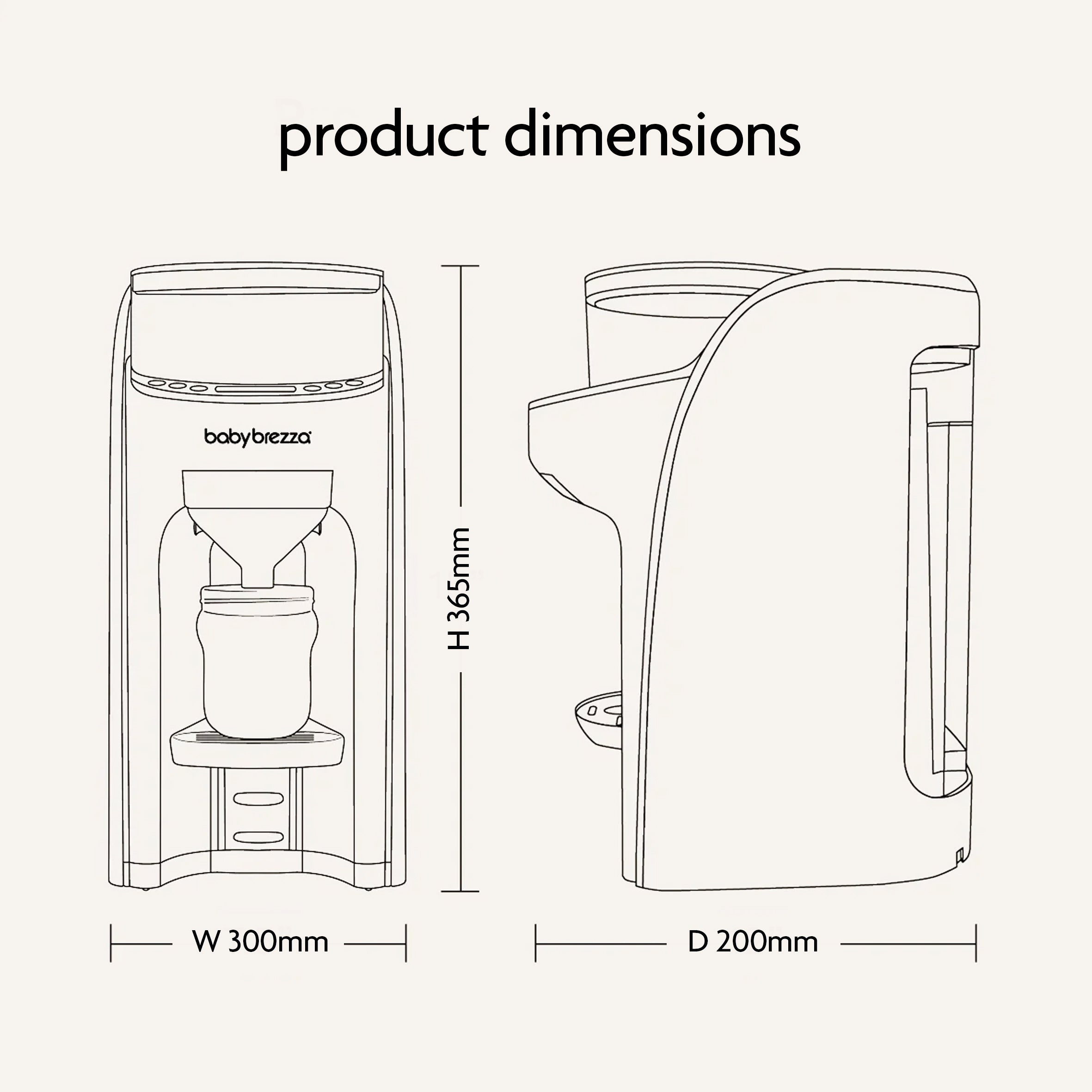 Line drawing of the Baby Brezza UK BUNDLE Formula Pro Advanced And SuperQuick Steriliser - All Black, showing front and side views with dimensions (H 365mm, W 300mm, D 200mm), plus a baby bottle positioned underneath. - product thumbnail