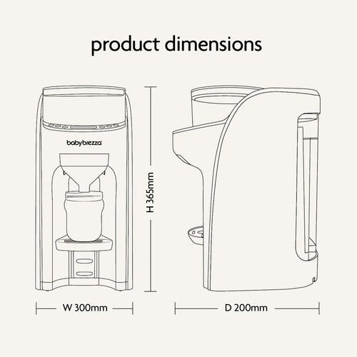 Line drawing of the Baby Brezza UK BUNDLE Formula Pro Advanced And SuperQuick Steriliser - All Black, showing front and side views with dimensions (H 365mm, W 300mm, D 200mm), plus a baby bottle positioned underneath. - product thumbnail