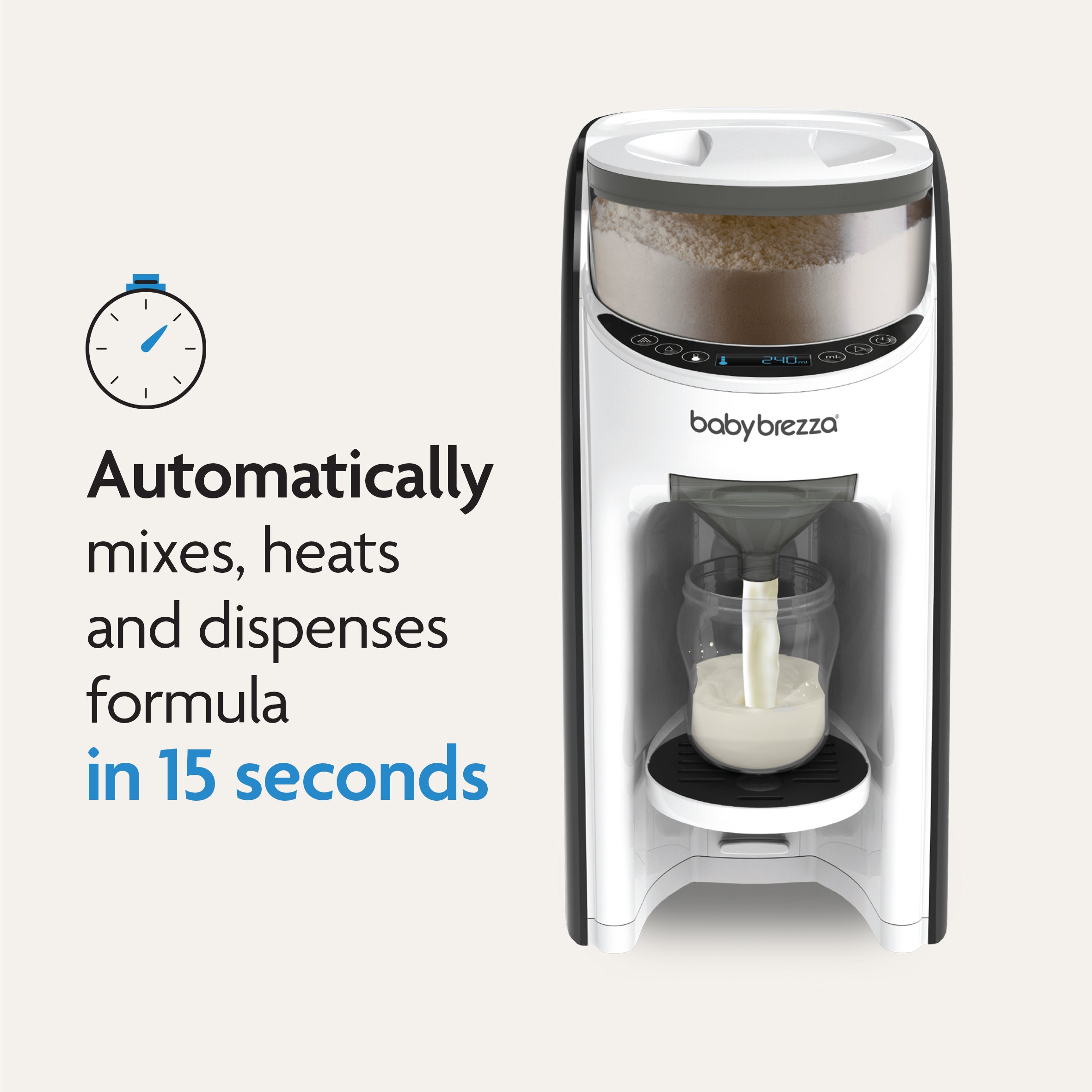 The Baby Brezza UK Formula Pro Advanced automatically mixes, heats, and dispenses formula in 15 seconds, filling your baby's bottle quickly—shown with a clock icon. - product thumbnail