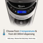 Close-up of the Formula Pro Advanced by Baby Brezza UK, screen set to 120ml. Text highlights “3 temperature options & dispense from 60-300ml” with precise mixing technology and flexible range shown below. - product thumbnail