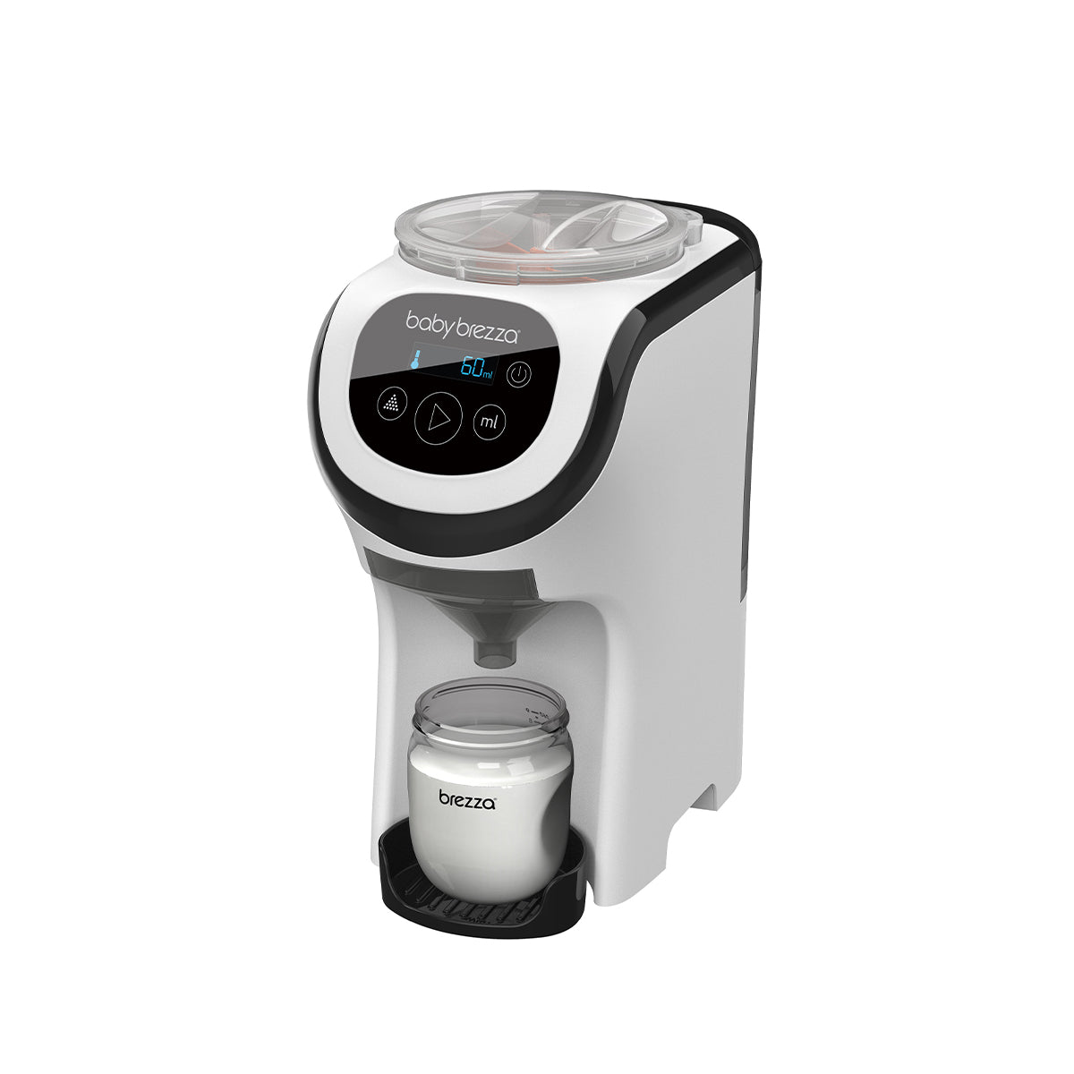 The Baby Brezza UK Formula Pro Mini is a compact automatic bottle maker with a digital display that dispenses formula into a small baby bottle on the base platform. - product thumbnail