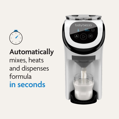 The Baby Brezza UK Formula Pro Mini automatically mixes, heats, and dispenses baby formula into a bottle in seconds. Text reads: Automatically mixes, heats and dispenses formula in seconds next to a clock icon. - product thumbnail