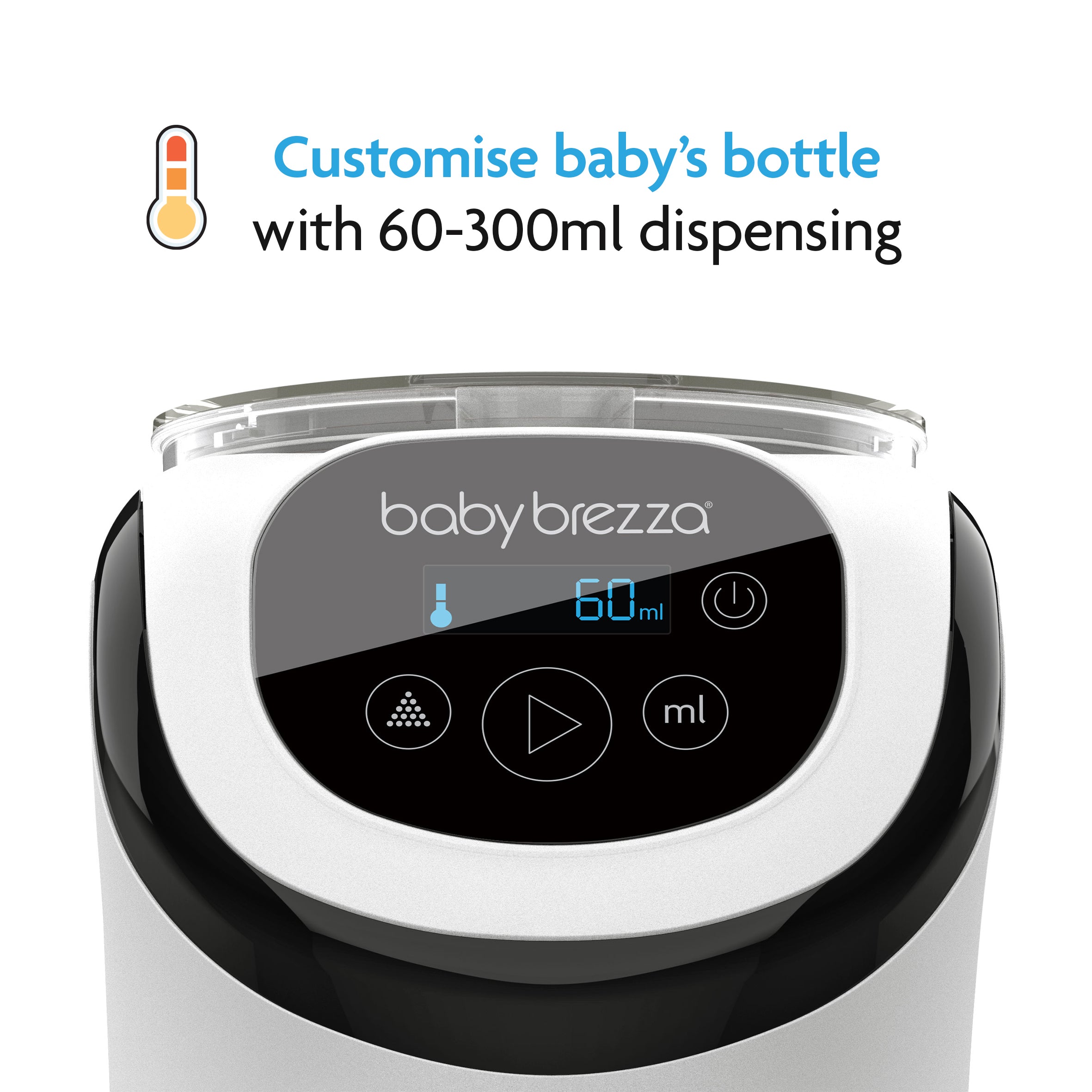 Close-up of the Baby Brezza UK BUNDLE: Formula Pro Mini + Spare Funnel and Cover screen displaying “60ml” with touch buttons. Text above shows “Customise baby’s bottle with 60-300ml dispensing” and a thermometer icon. - product thumbnail