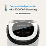 A Baby Brezza UK Formula Pro Mini display shows 60ml, with text: Customise baby bottles from 60-300ml and serve body temperature formula. A thermometer icon highlights your automatic formula bottle maker. - product thumbnail