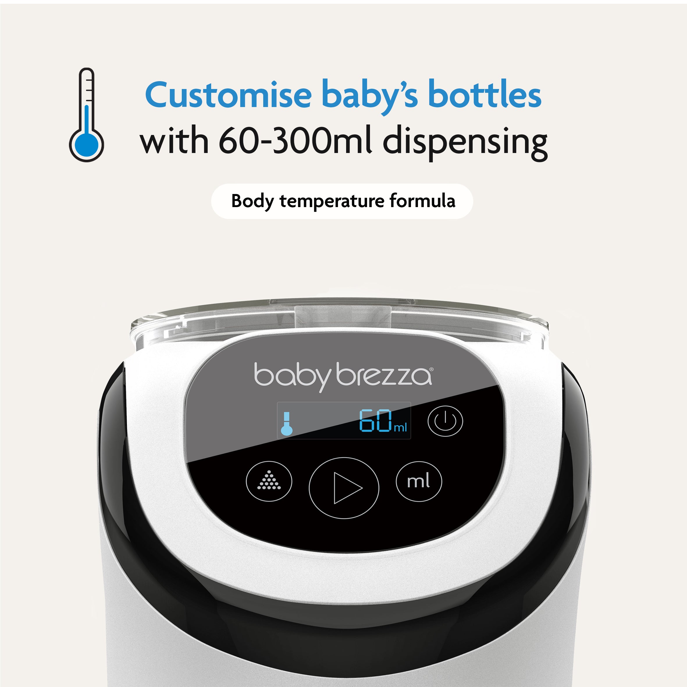 Close-up of the Baby Brezza UK BUNDLE Formula Pro Mini White with digital display set to 60ml. Text reads: Customise bottles from 60-300ml with body temperature formula, plus thermometer icon above. Includes SuperQuick Steriliser Black. - product thumbnail