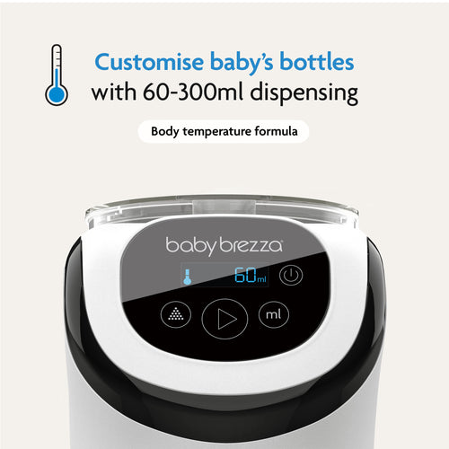 Close-up of the Baby Brezza UK BUNDLE Formula Pro Mini White with digital display set to 60ml. Text reads: Customise bottles from 60-300ml with body temperature formula, plus thermometer icon above. Includes SuperQuick Steriliser Black. - product thumbnail