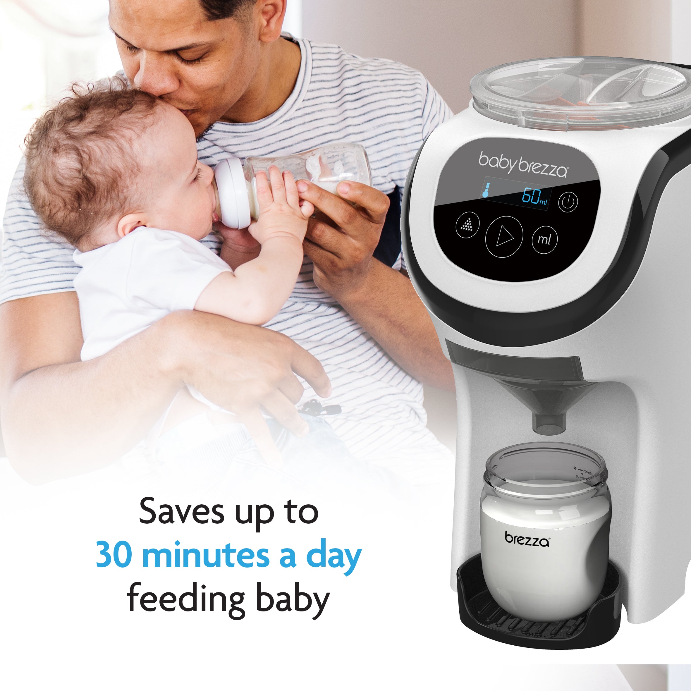A man feeds a baby with a bottle beside the Baby Brezza UK BUNDLE: Formula Pro Mini + Spare Funnel and Cover. Text reads, "Saves up to 30 minutes a day feeding baby," as a prepared bottle sits under the dispenser. - product thumbnail