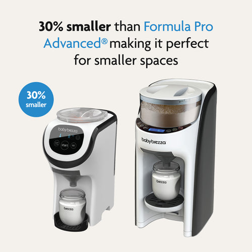 Two Baby Brezza UK formula makers are side by side. On the left is the Formula Pro Mini, a compact bottle maker that's 30% smaller than the Formula Pro Advanced—perfect for smaller spaces. - product thumbnail