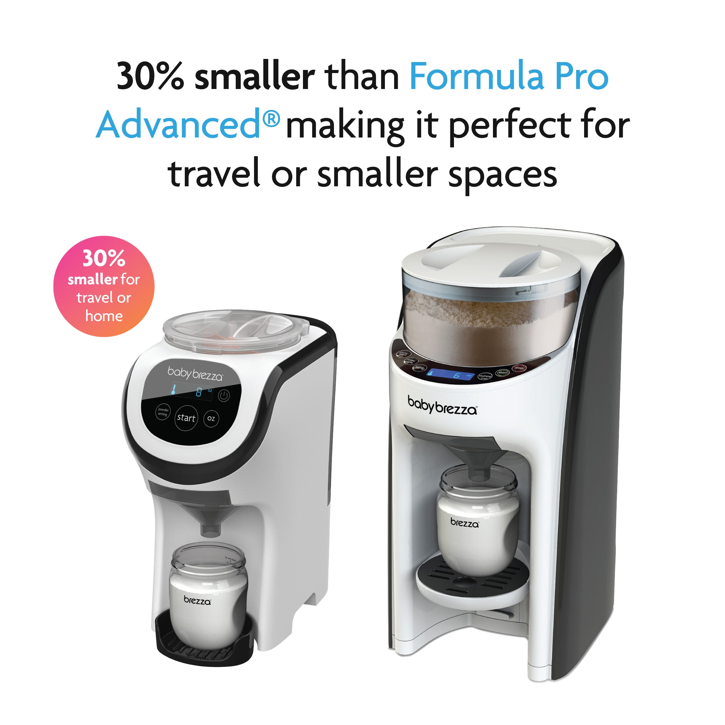 Two Baby Brezza UK machines side by side: left is the Formula Pro Mini, a compact formula maker that's 30% smaller for travel or home; right is a larger model. Text highlights the Formula Pro Mini’s convenient size for travel or small spaces. - product thumbnail