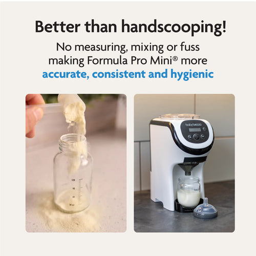 On the left, formula is scooped by hand; on the right, the Baby Brezza BUNDLE Formula Pro Mini White and SuperQuick Steriliser Black from Baby Brezza UK dispenses formula with precision and hygiene for better baby feeding. - product thumbnail