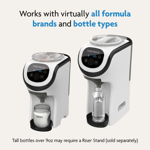 Two Baby Brezza UK Formula Pro Mini machines dispense liquid into baby bottles of different sizes, demonstrating the automatic formula maker's compatibility. Note: Tall bottles over 9oz may need a separate riser stand. - product thumbnail