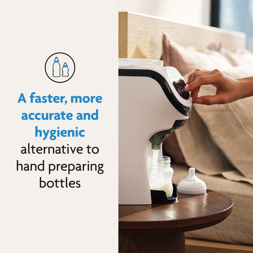A person uses a Baby Brezza UK Formula Pro Mini automatic bottle maker to fill a baby bottle with formula. Text on the left reads: Faster, more accurate and hygienic than hand preparing bottles. - product thumbnail