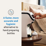 A parent uses the Baby Brezza BUNDLE Formula Pro Mini (White) & SuperQuick Steriliser (Black) for faster, more accurate, and hygienic bottle prep—better than hand-preparing. A baby bottle icon appears above the text. Brand: Baby Brezza UK. - product thumbnail
