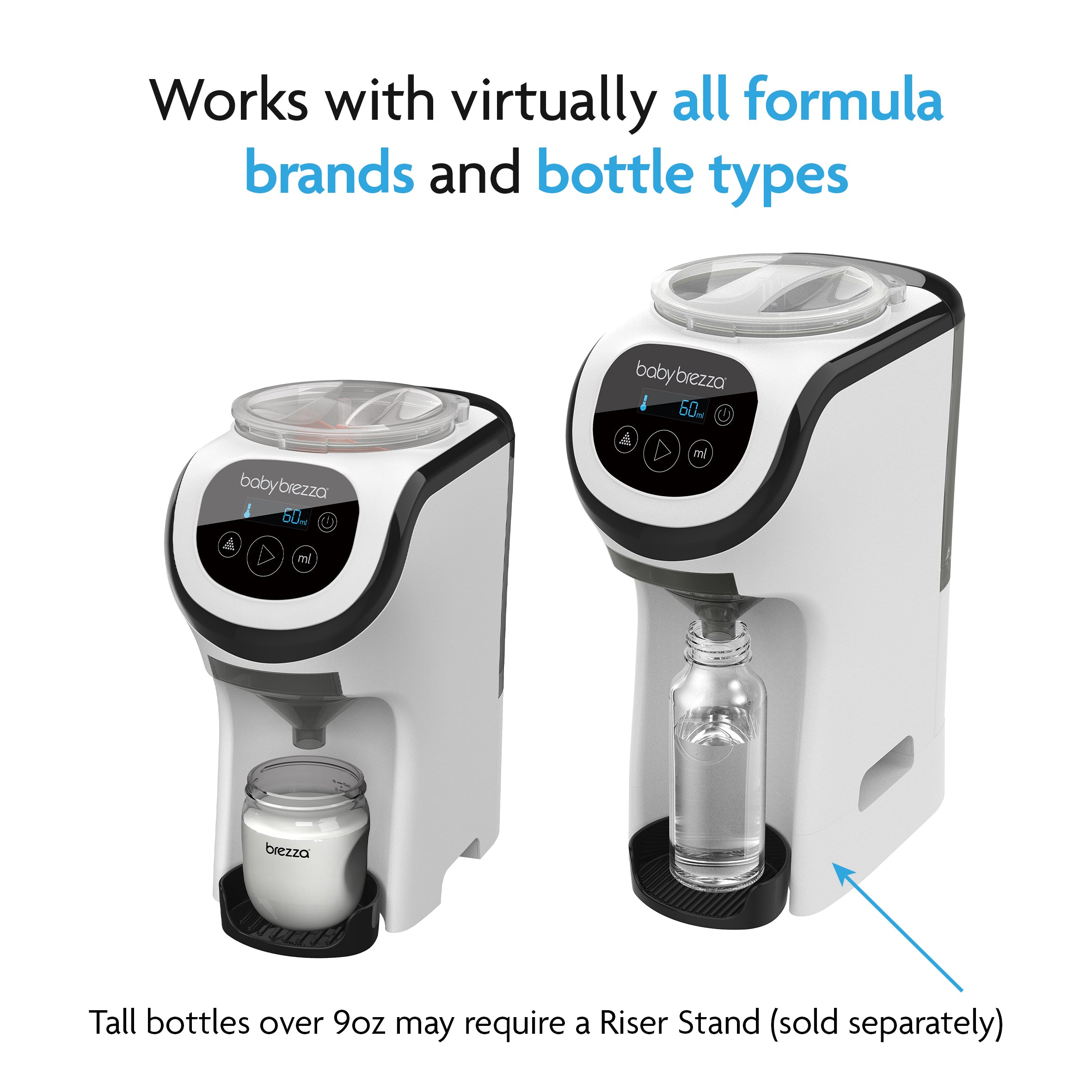 The Baby Brezza UK BUNDLE: Formula Pro Mini + Spare Funnel and Cover is shown with both short and tall bottles, demonstrating its compatibility with various bottle sizes; bottles over 9oz may need a Riser Stand. - product thumbnail