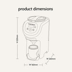 Line drawing of the compact Baby Brezza UK Formula Pro Mini with labeled dimensions: height 320mm, width 160mm, depth 260mm. A container sits under the automatic formula maker’s dispenser. Text at top reads product dimensions. - product thumbnail