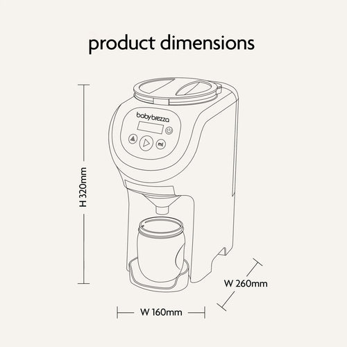 Line drawing of the compact Baby Brezza UK Formula Pro Mini with labeled dimensions: height 320mm, width 160mm, depth 260mm. A container sits under the automatic formula maker’s dispenser. Text at top reads product dimensions. - product thumbnail