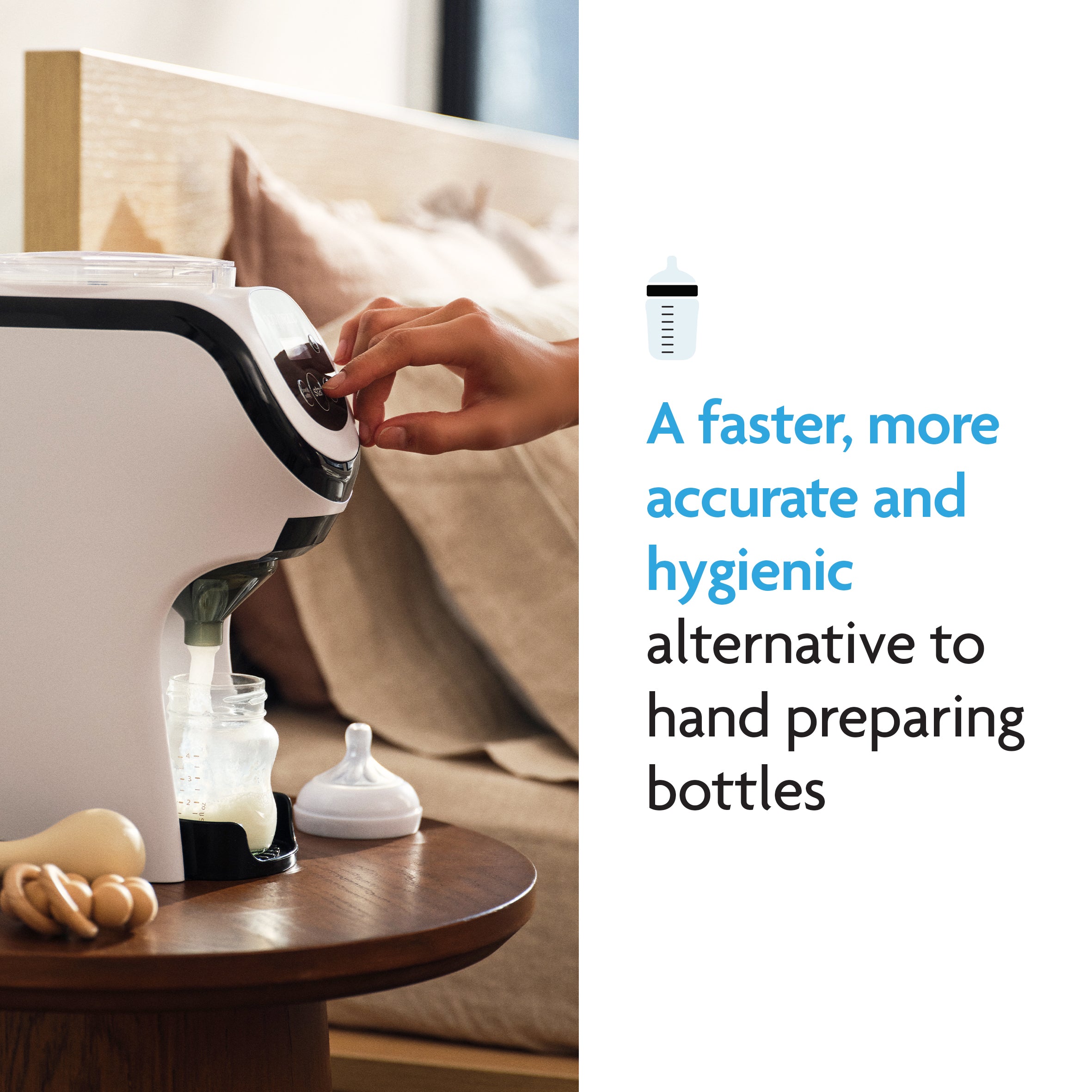 Someone uses the Baby Brezza UK BUNDLE: Formula Pro Mini + Spare Funnel and Cover to quickly and hygienically fill a bottle. Text: "A faster, more accurate and hygienic alternative to hand preparing bottles." A nipple and pacifier sit nearby. - product thumbnail