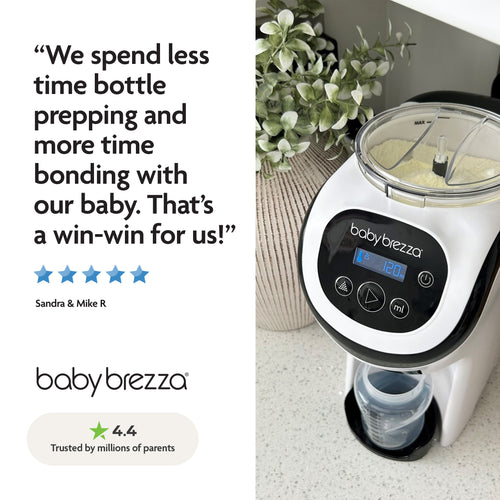 The Baby Brezza UK Formula Pro Mini automatic bottle maker sits on a countertop, dispensing formula into a bottle. With a 4.4-star rating and millions of parents’ trust, reviewers love how it saves time prepping bottles. - product thumbnail
