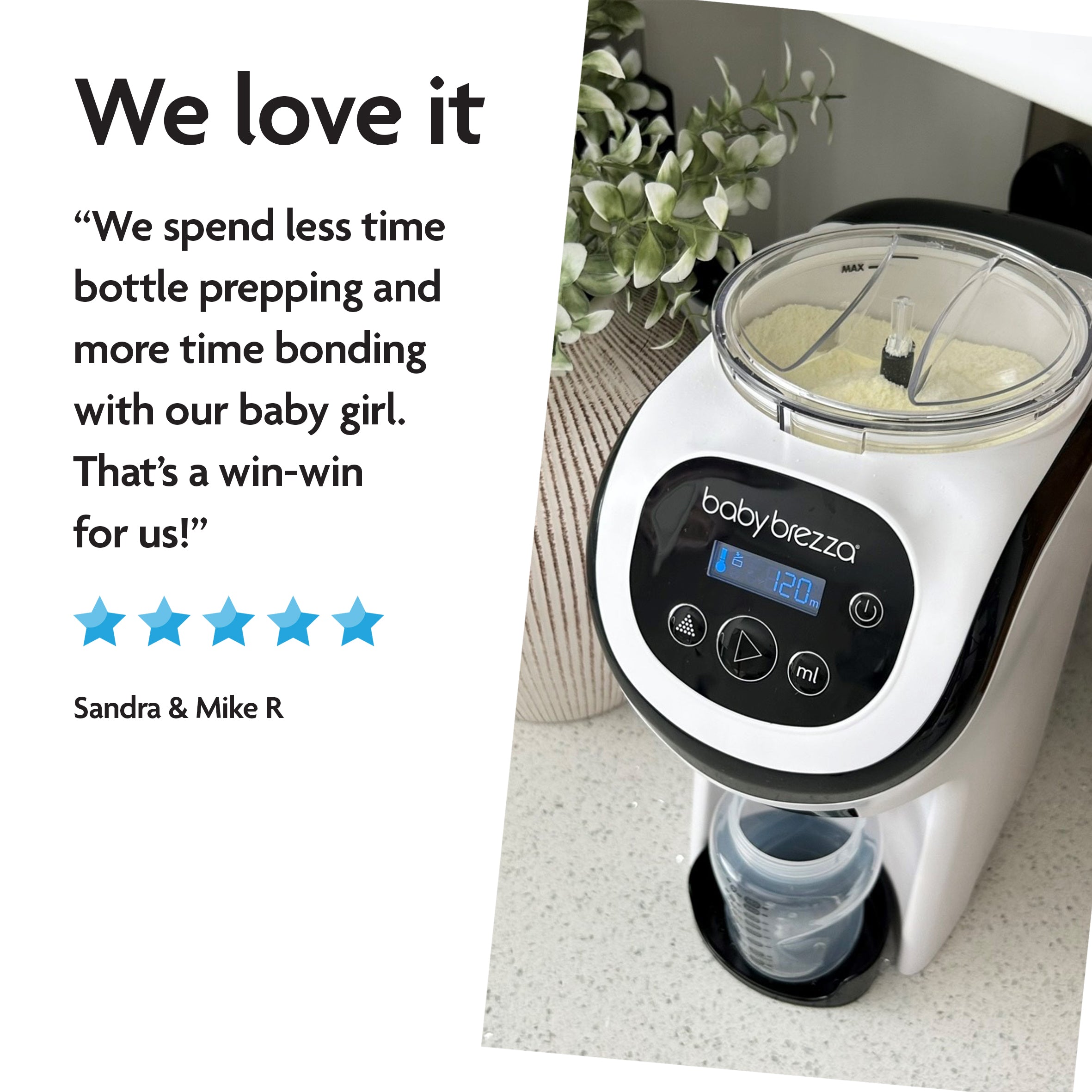 A Baby Brezza UK Formula Pro Mini sits on a kitchen counter with powdered formula inside and a baby bottle below, next to a glowing review, five blue stars, and the names Sandra & Mike R. - product thumbnail