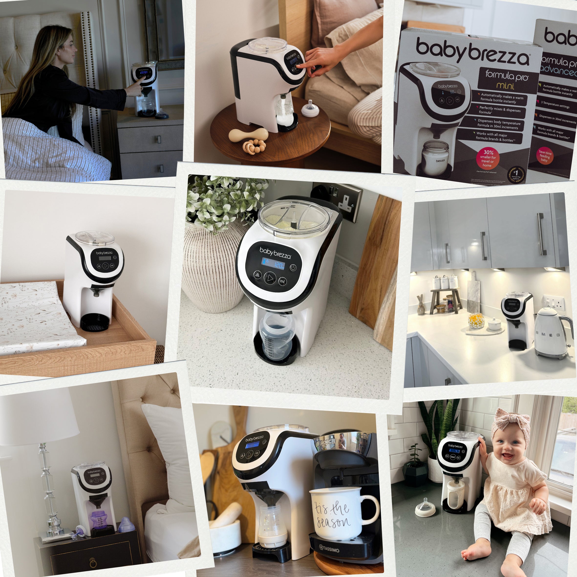 A collage displays the Baby Brezza UK Formula Pro Mini in different settings: on kitchen counters, beside cribs, with bottles, and being used by parents. One image shows a happy baby sitting near the machine. - product thumbnail